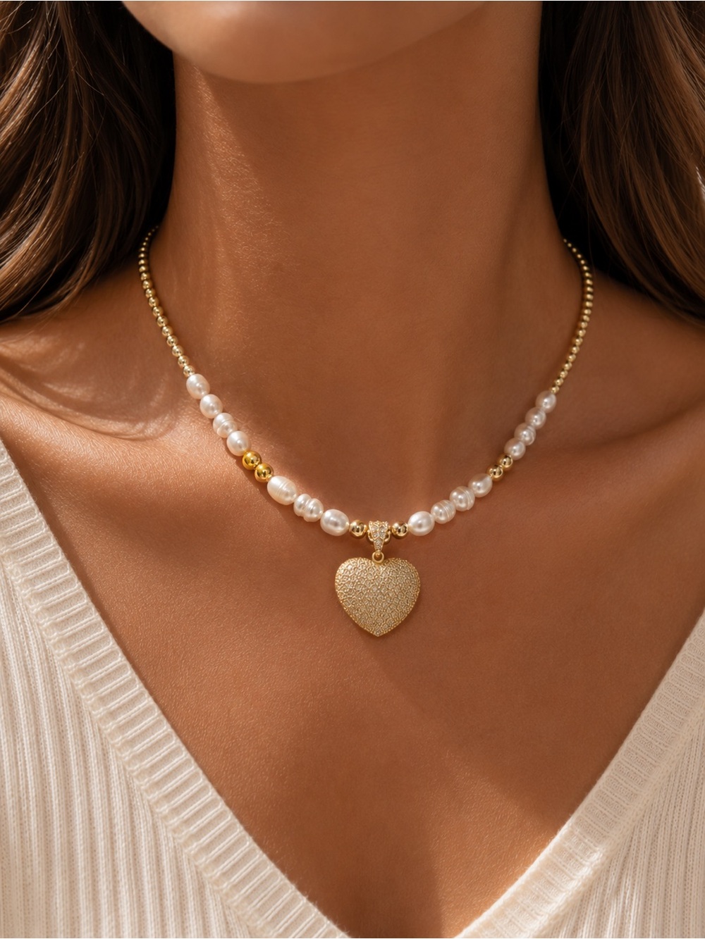 14k Gold Plated Pearl Heart Pendant Necklace - Elegant Women's Jewelry